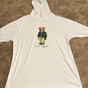 Ralph Lauren White Long sleeve Hooded Tee with Polo Bear in Green Jacket
